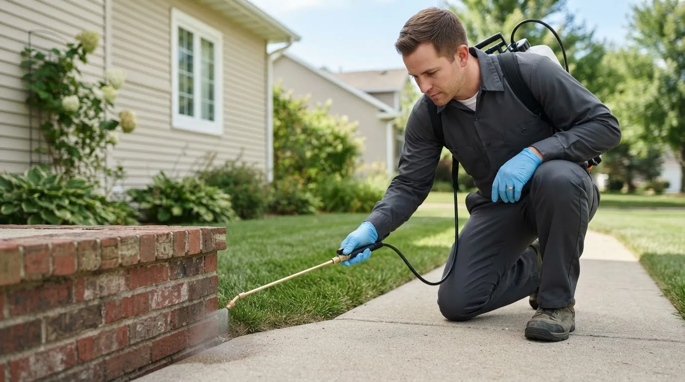 Pest control technician treating a home near Roxton, TX