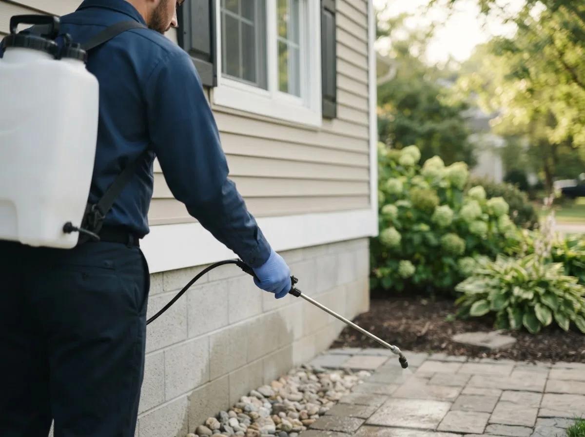 Pest control technician inspecting a home in Roxton, TX